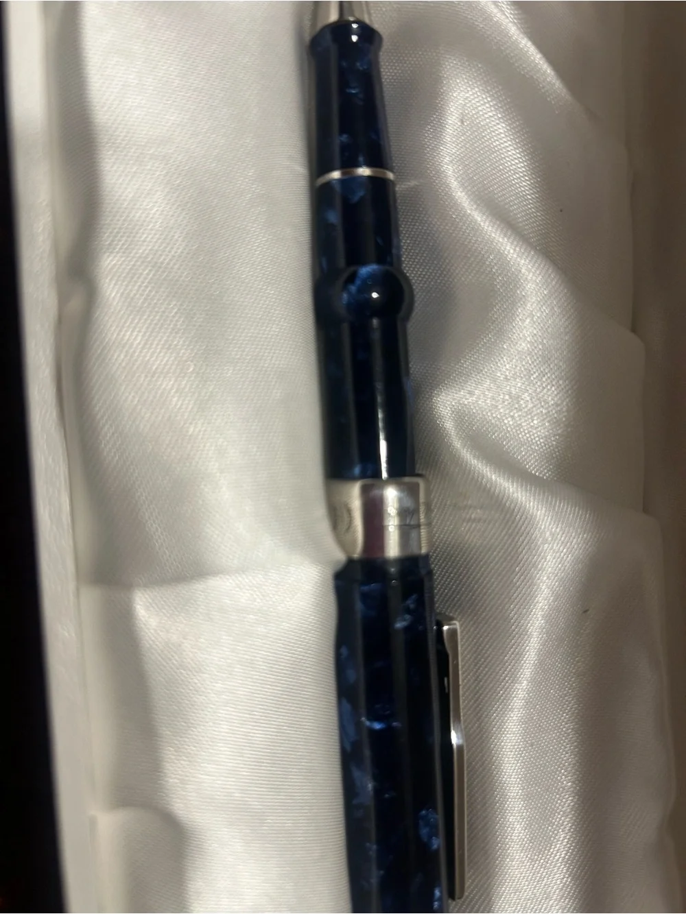Conklin Mark Twain Crescent Filler Fountain Pen in a blue marbled in Conklin box